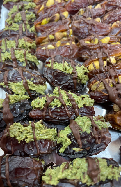 Dubai dates filled with pistachio cream & kunafi drizzled with dark chocolate