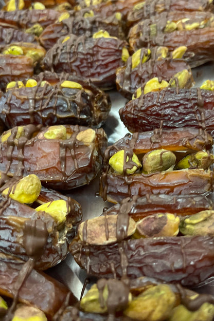 Pistachio Dates with dark chocolate drizzle