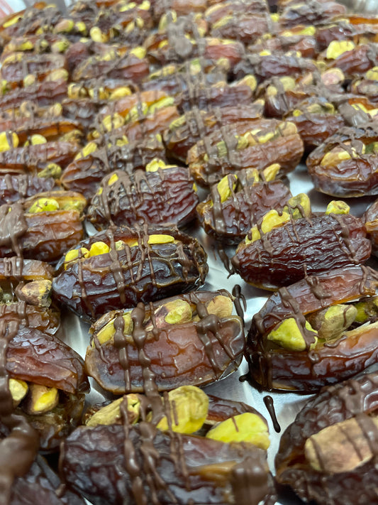 Pistachio Dates with dark chocolate drizzle